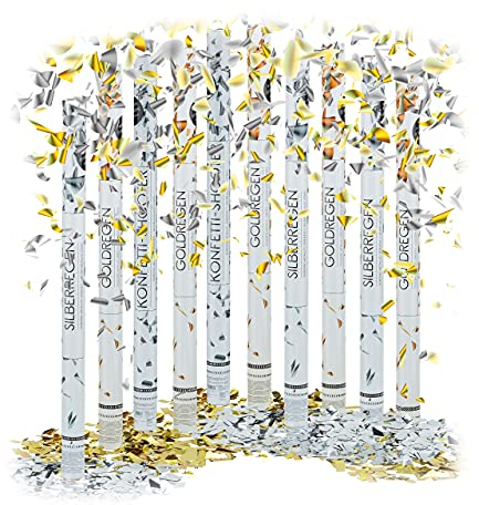 Relaxdays 10 x Party Popper 80 cm im Konfettikanonen Set, Konfetti Bombe für Hochzeit und Geburtstag, Konfetti Shooter 6-8 m Effekthöhe, Gold/Silber metallic