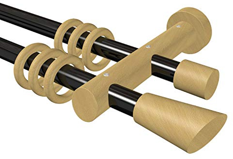 Flairdeco Gardinenstange 20 mm Ø, 2-läufig, Typ Konus, Metall/Holz, Schwarz/Buche lackiert, 400 cm (geteilt 2x200 cm)