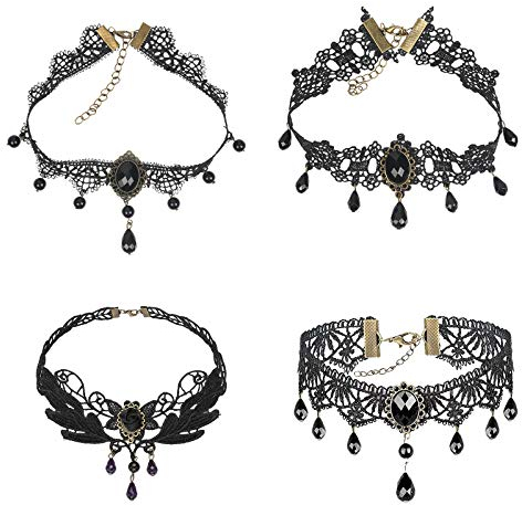 CHIFOOM 4tlg Gothic Halskette Set Schwarz Spitze Kette Damen Gotisch Choker Lolita Kostüm Zubehör Vintage Halsband Victorian Schmuck für Halloween Pfingsten Maskerade Karneval Fasching