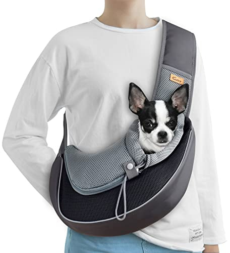 CUBY Pet Sling Carrier for Puppy Dog, Pet Sling Carrier Breathable, Safety Front Pocket Small Dog Sling Carrier, Hands-Free Mesh Bag with Adjustable Shoulder Strap for Outdoor and Travel (Black, M)