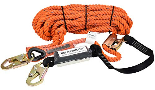 WELKFORDER 50FT Vertical Lifeline Assemble Three Strand Rope Fall Protection with Rope Grab Snap Hooks Shock Absorber Fall Protection Safety Equipment ANSI Compliant