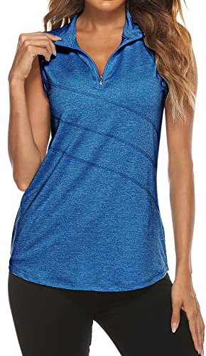 Tanst Sky Women's Sleeveless Golf Polo Shirts Quarter Zip Workout Tank Top Moisture Wicking Clothes, Dark Blue, XL