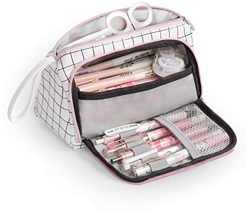 MOKANI Federmäppchen mit Großem Fassungsvermögen, Leinen Mäppchen Federmappe Federtasche Schlamppermäppchen für Studenten Mädchen Teenager Erwachsene, Schwarz Kariert