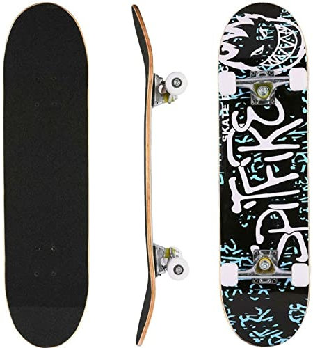 Skateboard,7-Lagiger Kanadischer Ahorn Double Kick Deck Skateboard, Komplettboard, Profi Board für Kinder, Teenager und Erwachsene(79,5 * 20 * 13 cm - Buchstabenmuster)