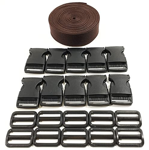 Cinta de Mochila 5 Metros x 32mm + 20 Hebillas de Plástico, Cinta de Polipropileno con Broches, Correa de Mochila, Cincha para Equipaje, Correa para Sujetar Maletas, Correa Marrón, (32 MMX 5 m, 303)