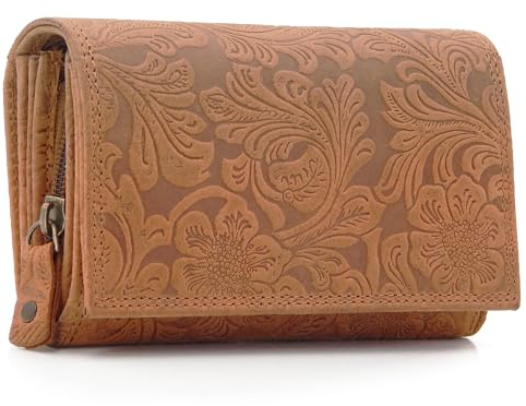 ekavale Damen Leder-Geldbörse mit Blumenmotiv und RFID-Blockierung, Portemonnaie Langformat mit Druckknopfverschluss (Braun)