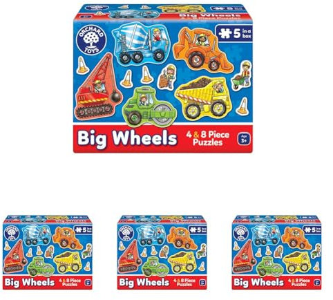 Orchard Toys Big Wheels Jigsaw Puzzle, A Collection of 4 puzzles featuring 4 and 8 pieces ideal for Little Hands, Perfect for Age 3+ (Pack of 4)