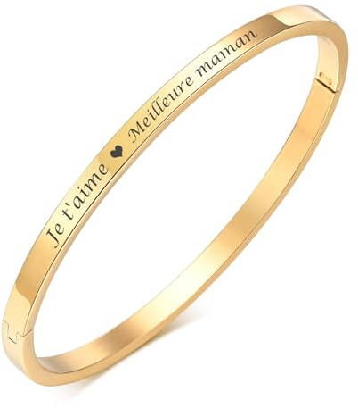 XUANPAI Bracelet Personnalisé - Bijou Femme en Acier Inoxydable 316L avec Gravure, Cadeau pour Femme, Maman, Fille, Épouse en Or