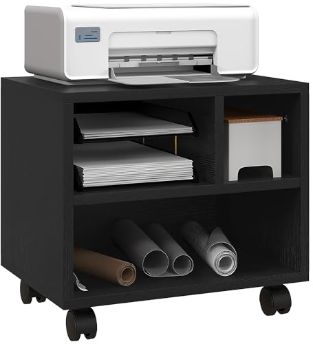 HOMCOM 2-Tier Desk Stand with Storage, Under Desk Cart on Wheels with 3 Compartments, Home Office Printer Table, Black