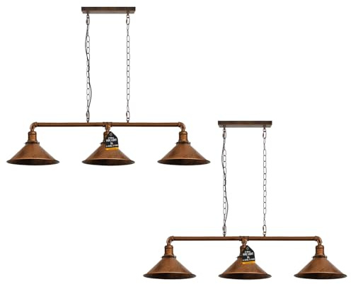 Retro 2 Pack Suspended Pendant Ceiling Lights 3 Lamp Brushed Copper Metal Steampunk Water Pipe Vintage 22cm Shade with Hanging Chain Light Fitting for Living Room Home Decor & Improvement Essential