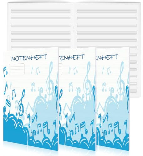 IMPPTE 4 Stück A4 Notenheft Lineatur 14 Notenlinienheft 32 Blatt Schulheft mit 12 Notenzeilen Musikheft A4 für Schulen Musikinstitutionen Mann Frau Kind Blau