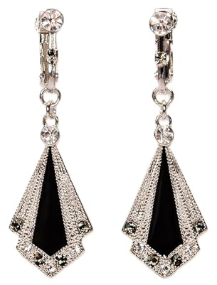 Lovett & Co - Black Long Drop Earrings for Women - 1920s Art Deco Earrings Hand Painted with Enamel - Nickel Free Crystal Earrings & Vintage Jewellery Gifts for Women