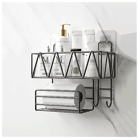 Bathroom Shelves Toilet Wall Storage Rack Washstand Double Layer Cosmetic Storage Rack with Tissue Holder and Hook Wall Mounted Metal Storage Rack Without Punching Shower Storage Rack(Black)