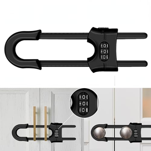 Child Safety Sliding Cabinet Locks, Adjustable U-Shaped Child Proof Sliding Cabinet Door Code Locks 3 Digit Password, Reusable Baby Safety Cupboard Locks for Knob Handle Drawers Closet(Black)