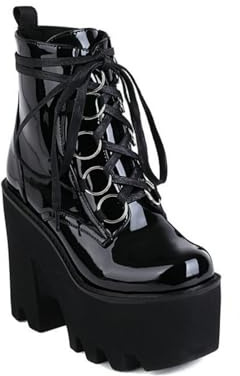 HXTYXCQ Mujer Tacón De Cuña Plataforma Botas Gothic Punk Cordones Botas De Combate con Cremallera Lateral Punta Redonda Botines De Cuero PU,Black2,38 EU