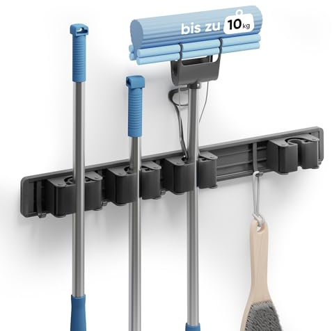 Björn&Schiller Besenhalterung Wand, Gerätehalter Wand, Wandhalterung für Gartengeräte, Besenaufhängung, Haken für Besen zum Aufhängen, Mophalter, bis zu 10 kg, 4 Halterungen und 5 Haken, Bohrmontage