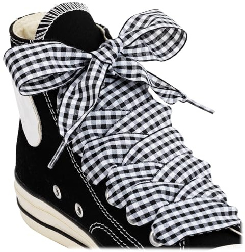 Puzeam 2 Pares Planos Satín Cinta Cordones de Zapatos 25mm Ancho Cordones a cuadros para Zapatillas,botas,Bailarinas Pumps（S-Negro Blanco, 160）
