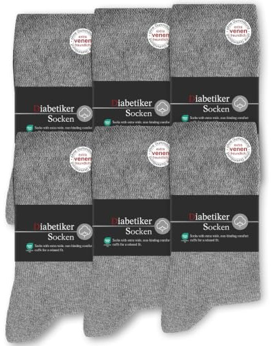 SockWaddles Diabetesstrumpor för Herr och Dam, 6-pack, 97 % Bomull, Utan Resår & Utan Söm, Svart Vit Grå, Storlek 35–50