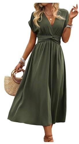 Floerns Women's Wrap V Neck Flowy Midi Dresses Short Sleeve A Line Ruched Beach Dress Army Green Medium