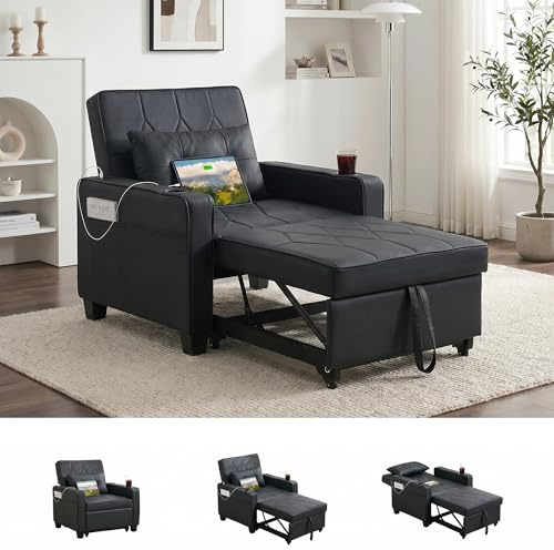 ROCSUMOO Single Chair Bed, 3 in 1 PU Leather Pull Out Sleeper Chair Bed with Adjustable Backrest, Leather Chair Bed with Pillow and Side Pockets for Living Room Bedroom Office, Black
