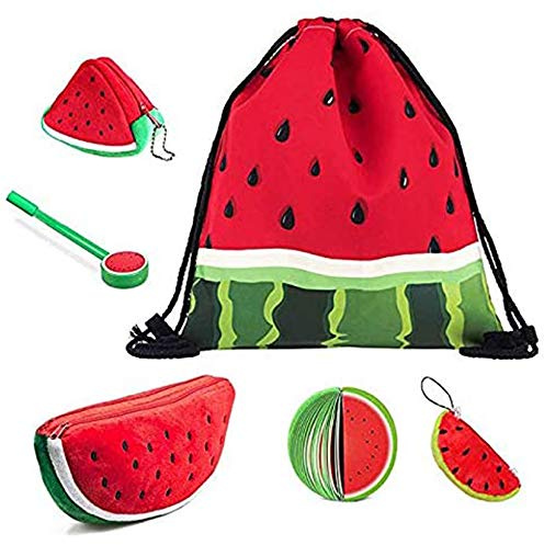 Vattenmelon ryggsäck dragsko väska, söt stor plysch pennfodral hållare, 3D myntväska nyckelhållare, nyckelring och hange dekorationer, frukt anteckningsblock med penna för pojkar och flickor, studenter (set med 6)