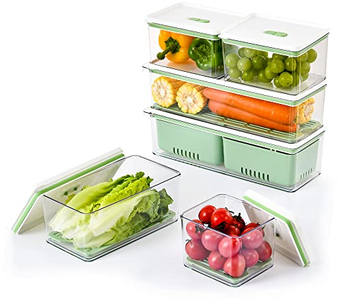 Lille Home Stackable Produce Saver, Organizer Bins/Storage Containers with Removable Drain Tray, Set of 6, for Refrigerators, Cabinets, Countertops and Pantry, BPA Free (Green)