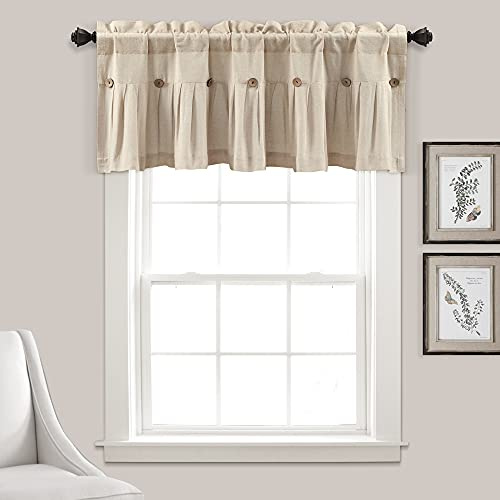 Lush Decor Mantovana con bottoni in lino, 132 cm di larghezza x 45 cm di lunghezza, lino scuro - tende da cucina mantovane, design rustico a blocchi di colore con bottone a buccia