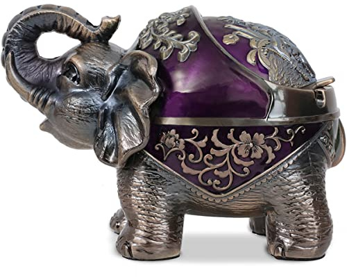 Gusnilo Elephant Ashtray with Lid - Windproof Metal Ashtray for Outdoor & Indoor Use, Practical Vintage Decoration - Purple