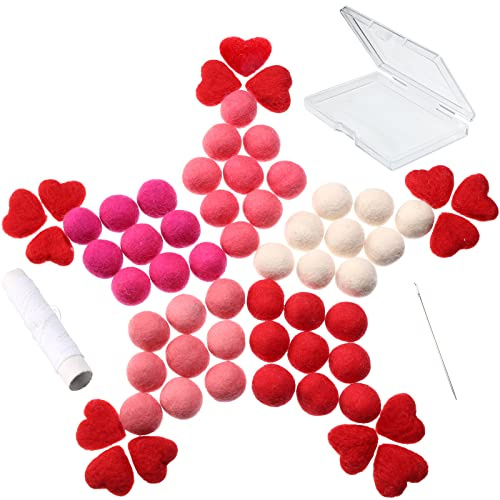 Tegeme 63 Pieces Wool Felt Balls and Hearts Set Pom Poms 15 Pcs Heart Shape Felt Wool Balls Valentine‘s Day DIY Decorative Crafts with Sewing Kit for Garland Home Decor