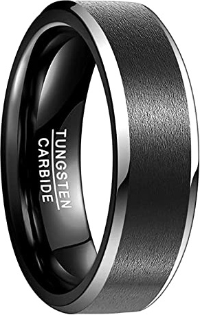 NUNCAD 8mm Noir Bague Simple avec Biseauté Bord Argenté Finition Mat en Tungstène pour Homme Femme Fiancaille Quotidien Mariage Cadeau Taille 72(22.9)