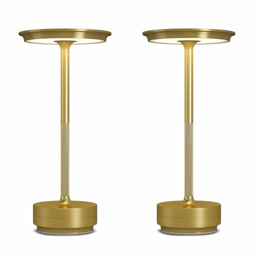 FDIDC 2 Pack Cordless Table Lamps Rechargeable, 5000mAh Portable LED Table Light, 3 Color Stepless Dimming Battery Powered Table Lamp, for Patio/Restaurant/Home/Outdoor.(Brushed Gold)