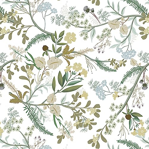 CiCiwind Peel and Stick Wallpaper Floral White Vinyl Wrap 41×300cm Self Adhesive Contact Paper Yellow Brown Green Flower Leaf Stick on Wallpaper Sticky Back Plastic for Wall Cabinets