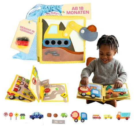Jolly Designs Mini Quiet Book Mon Premier Tracteur – Jouet Montessori dès 18 Mois – Livre d‘activités en Feutrine – Livre Tissu éducatif sur Les véhicules & la sécurité routière