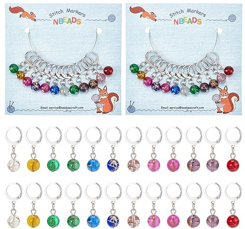 NBEADS 24 Uds Marcadores de Punto de Cuentas de Vidrio, Marcador de Punto de Ganchillo Marcador de Punto de Bloqueo con 304 cierre de Acero Inoxidable para Accesorios de Ganchillo, Color Mixto