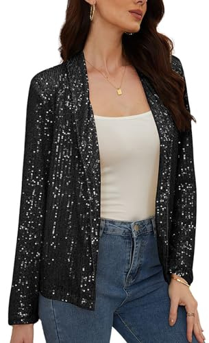 utcoco Women Sequin Blazer Casual Long Sleeve Open Front Sparkle Blazer Jacket (X-Large, Black)