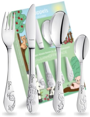 Kinderbesteck Bauernhoffreunde mit Namensgravur - personalisiertes Besteck - individuelles Taufgeschenk Junge/Mädchen - einzigartiges Geschenk - 4-teiliges Set