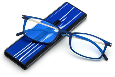 MMOWW Anti-luz Azul Gafas de Lectura Ultra Ligeras para Hombres Mujeres Plegables Compacto Lector de Ordenador Portátil Estuche Plano Delgado Estirable Único (Azul, +2.0)