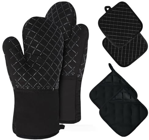 EHIOG 6er Set Ofenhandschuhe und Topflappen, hitzebeständige Handschuhe bis 300°C, rutschfeste Topfhandschuhe für Küche, Backen, BBQ, Auflaufform, Grillen, hitzebeständiger Handschuh