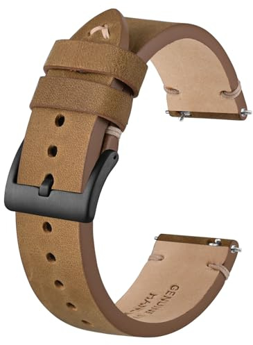 BISONSTRAP Correa de Reloj de Cuero Antiguo, Correas de Repuesto para Hombres, Liberación Rápida, 22mm, Marrón Claro (Hebilla Negra)