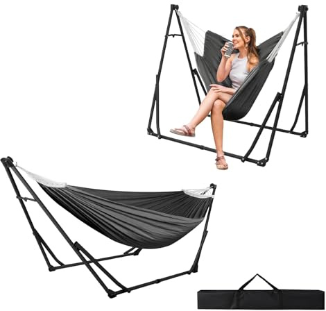 OKSTENCK Hammock & Hanging Chair with Foldable Stand, Dual Use Portable Hammock Chair Stand Set for Indoor and Outdoor Use, Max. Load Capacity 200 kg, Grey