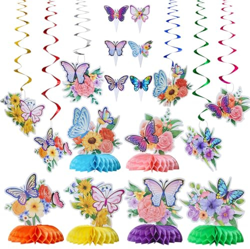 LEBKFT 18 PCS Butterfly Party Decorations, Vibrant Butterfly Flower Honeycomb Centerpieces Decorations Cupcake Toppers Hanging Swirls Streamers for Birthday Party Decoration Supplies