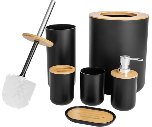 GREENSAPPIRE Bathroom Accessories Set 6 Piece Bin Toilet Brush Soap Black