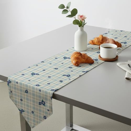 Dark Blue Floral Blue Green Leaves White Checkered Table Runner Table Turner for Dining Easter Runner for Cute Easter Decor Spring Decorations Home Kitchen Dining Holiday Decor 13 × 70 inch