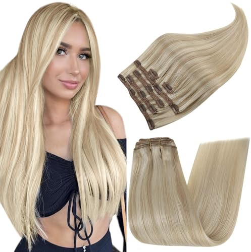 RUNATURE Extensions Echthaar Clip Blond Highlights 35cm 7 Stück Clip in Extensions Echthaar Aschblond Mit Platinblond Menschliches Haar Clip Extensions Echthaar Günstig 120g #18P60