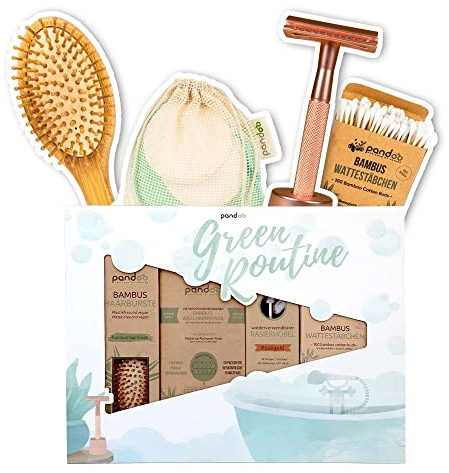 pandoo Bad-Set Green Routine | plastikfreies & nachhaltiges Geschenk-Set | Haarbürste, waschbare Abschminkpads, Rasierhobel & Wattestäbchen