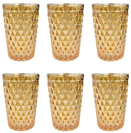 Set vintage da 6 bicchieri colorati per vino e bevande con motivo a diamante (bicchiere da bere con rete dorata), bicchieri per long drink, bicchieri da cocktail con incisione, bicchieri, bicchiere da