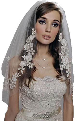SINLOV Voile de mariée en dentelle à 2 niveaux avec peigne - Voile de tulle doux - Longueur de la taille - Pour mariée (blanc)
