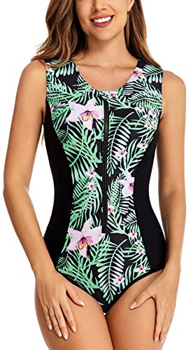 FEOYA Maillot de Bain Femme 1 Pièce sans Manches Élégant Imprimé Maillot Rashguard avec Fermeture Eclair Avant Combinaison de Natation Monokini Body Couleur 1 L