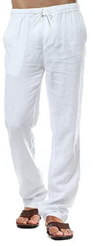 CTU Mens Linen Trousers Casual Cotton Trouser Summer Beach Pants Lightweight Drawstring Trousers White L