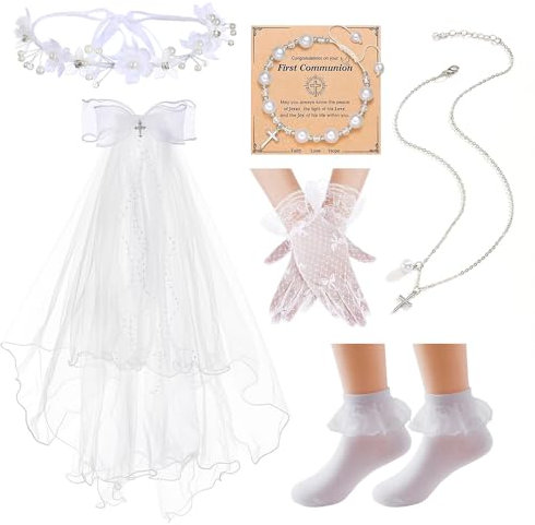 Yewkit Juego de velos de primera comunión para niñas, corona de primera comunión, velo, pulsera, guantes y calcetines, Blanco, Large
